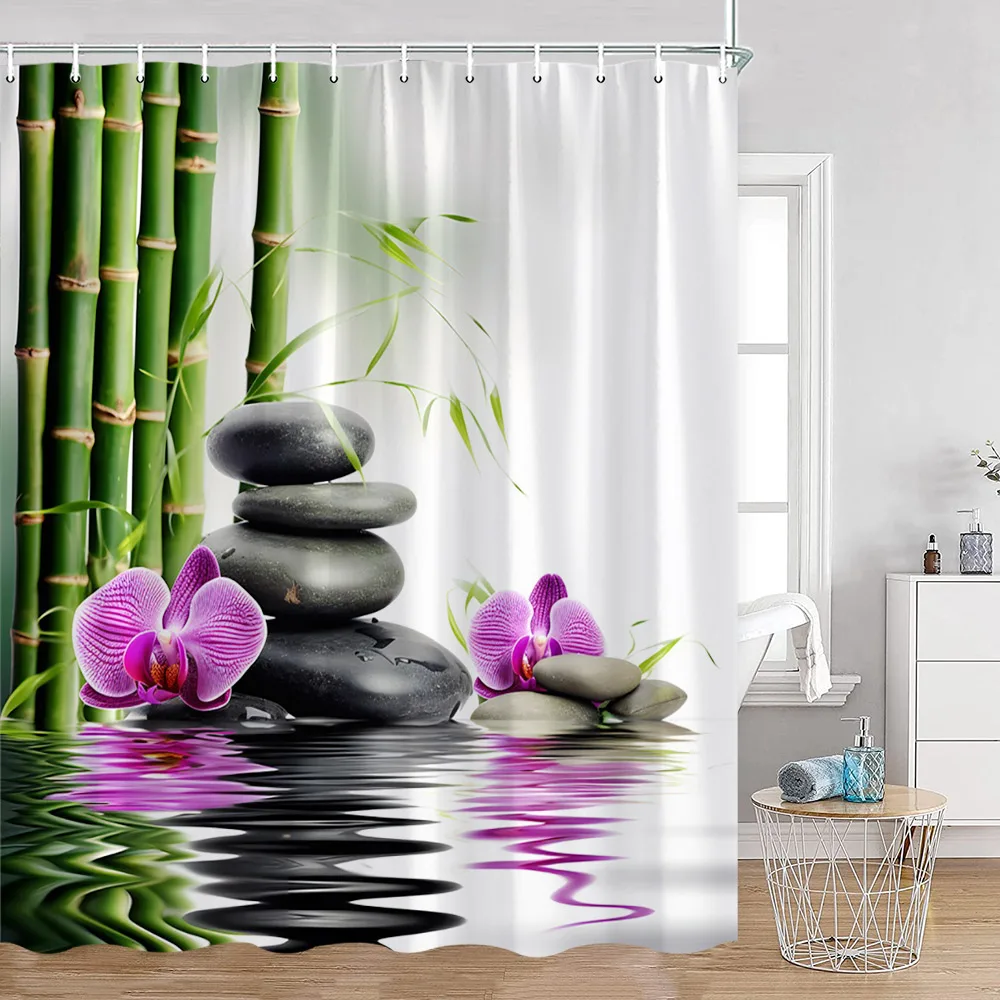 Zen Shower Curtains Green Bamboo Lotus Black Stones Buddha Meditation Bathroom Decorations Polyester Bath Curtain with Hooks
