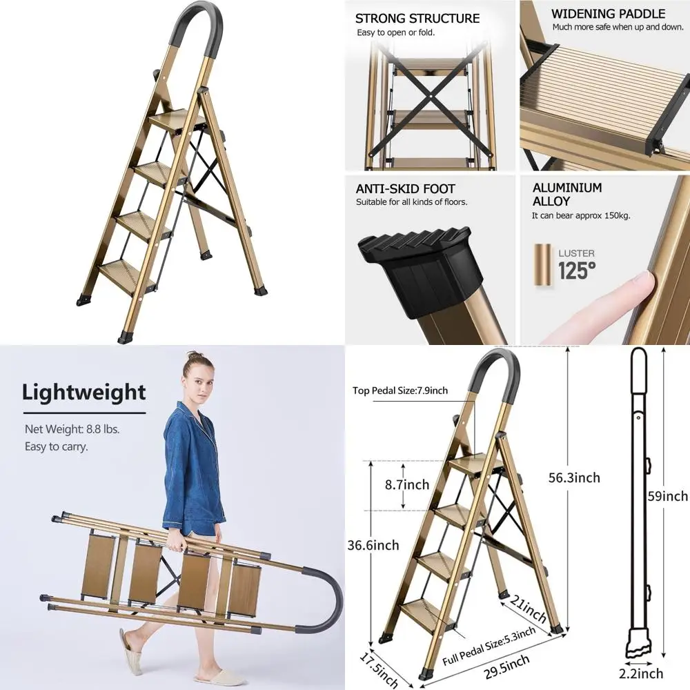 سلم قابل للطي من الألومنيوم خفيف الوزن بأربعة خطوات مع مشطات مضادة للانزلاق وخطوات واسعة لسلامة المطبخ المنزلي والراحة #1