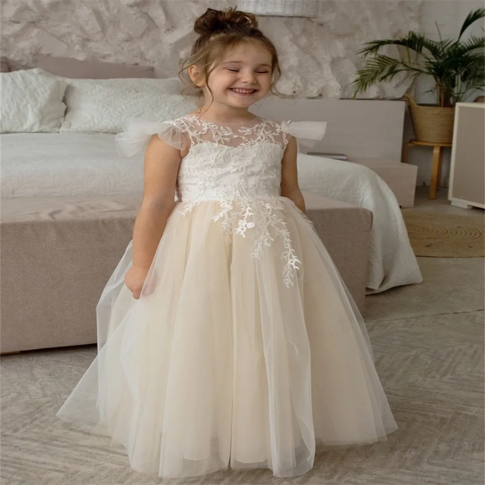 

Ivory Tulle Flower Girl Dresses White Pattern With Bow Sleeveless For Wedding Birthday Party First Communion Gowns