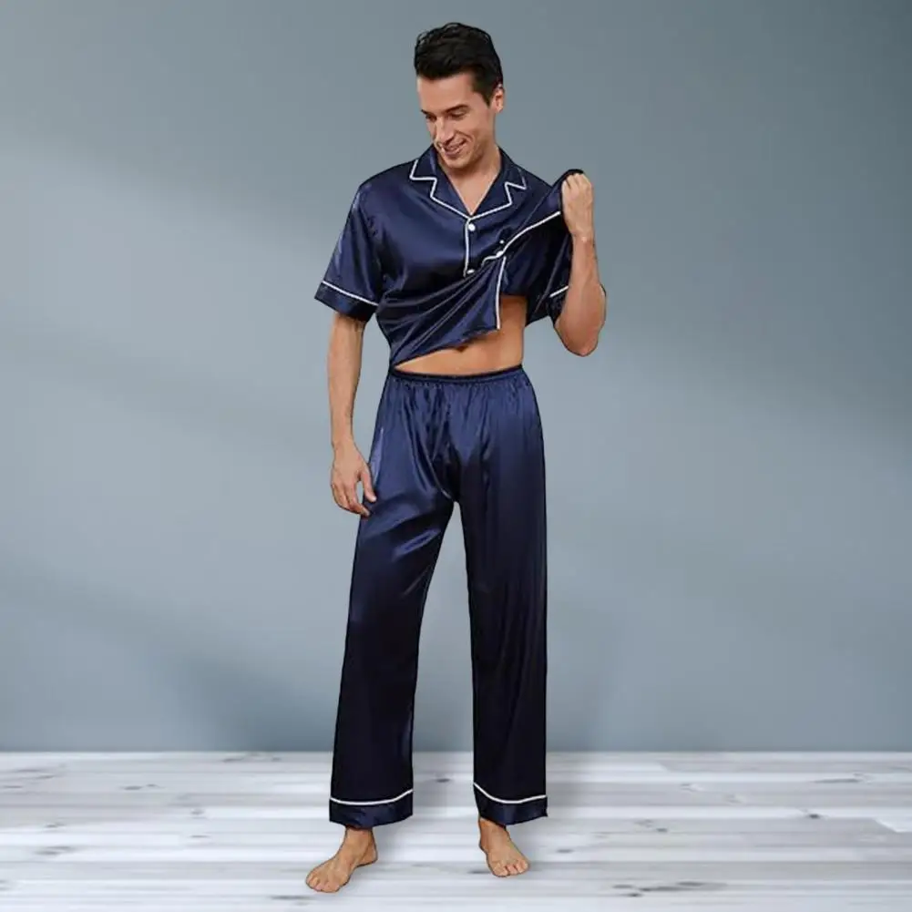 Conjunto de pijama de cetim masculino leve pijamas luxuosos conjuntos de pijama de cetim de seda para homens e mulheres gola entalhe botão para baixo