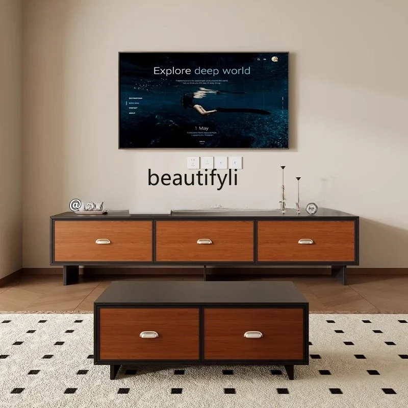 

TV cabinet French retro solid wood storage teak veneer coffee table combination TV cabinet