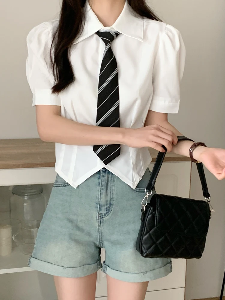 Sweet Bubble Sve irt Women's ort Sve Waist-Cinching Asymmetrical Design Korean Sle  Collar Commute Faion