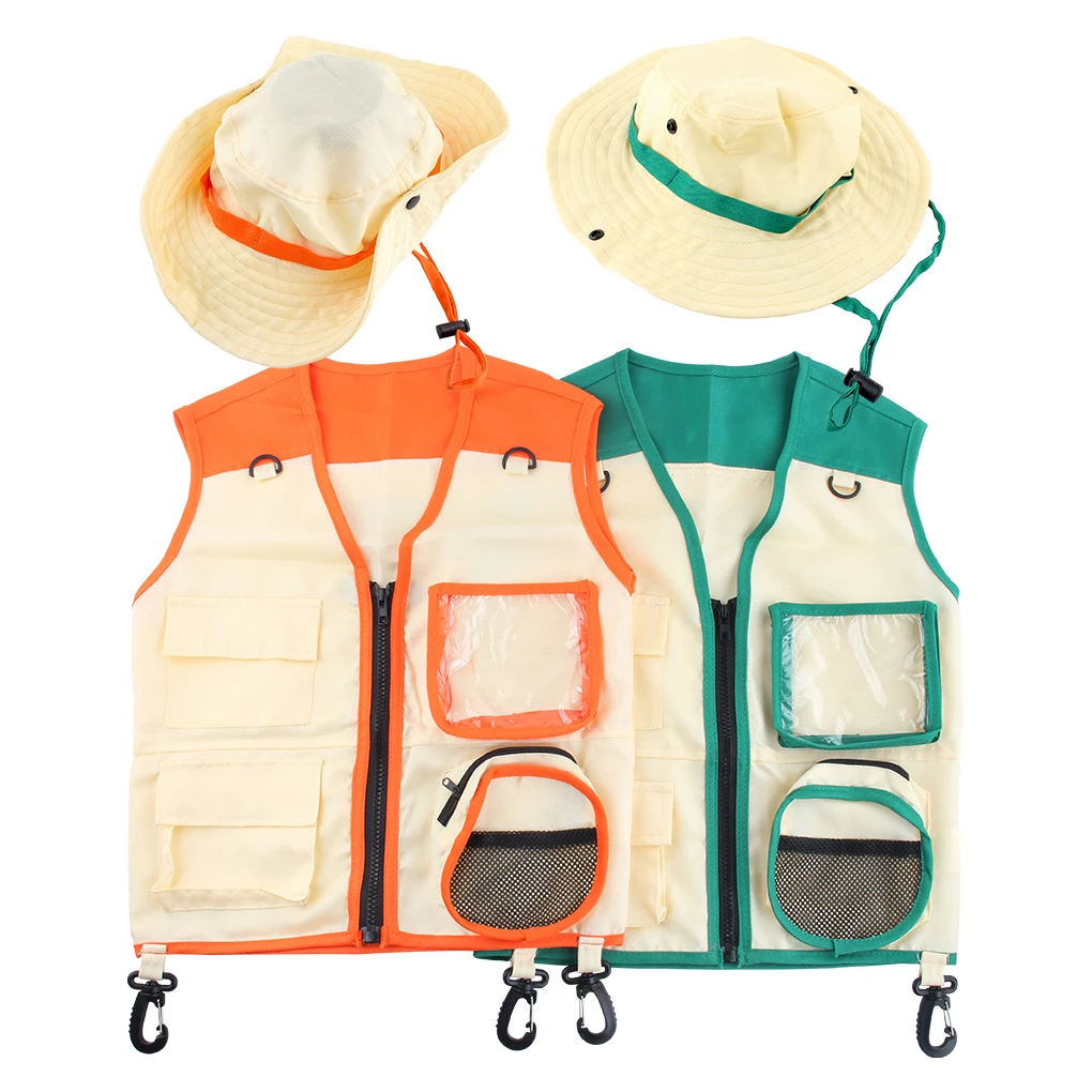 Kids Insect Explorer Vest Hat Kit Outdoor Camping Fishing Adventure Costumes School Party Boys Girls Suit with Multiple Pockets