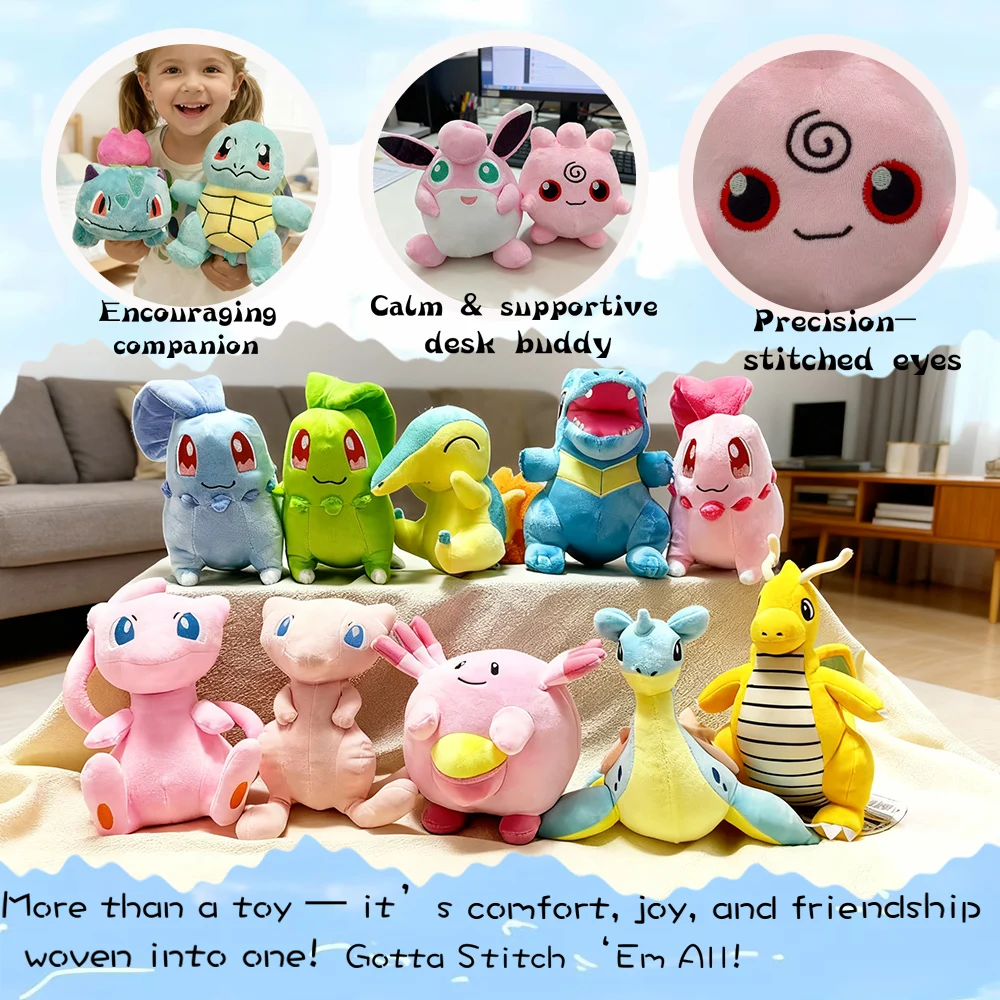 Brinquedos de pelúcia adorável pikachu hvysaur bulbasaur mew squirtle chikorita cyndaquil totodile uglybuff animais de pelúcia presentes para crianças