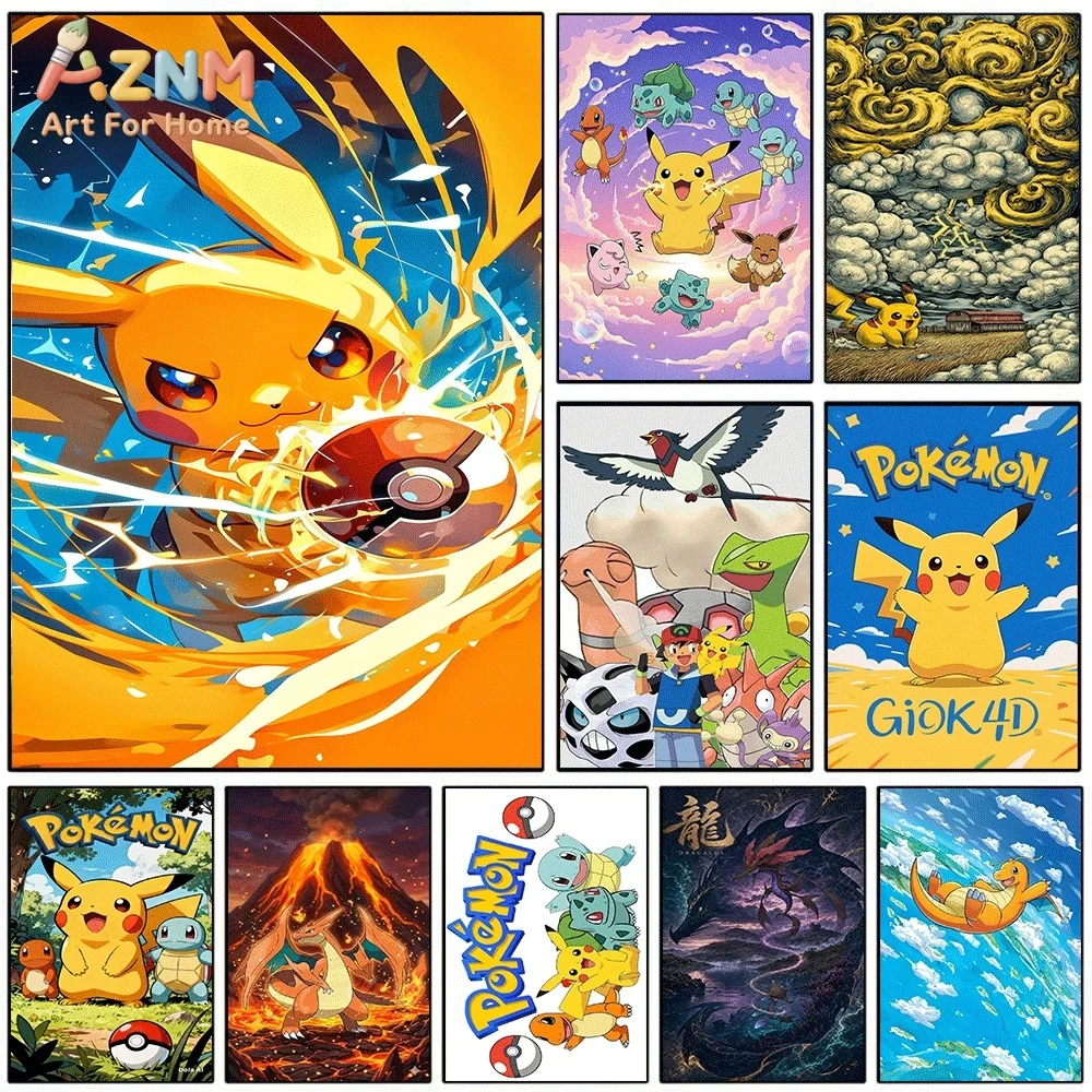 Anime Pokemon Pikachu Electric Thunder Effect Canvas Wall Art, Popular Cartoon Character Frameless Canvas Painting for Kids Be