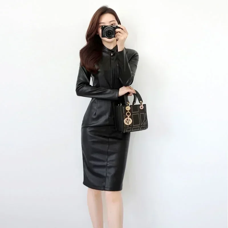 Plus Size Autumn New Fashion 2024 Women Stand Long Sleeve Faux Leather Zipper Flocking Black Casual Bodycon Kn-length Dress