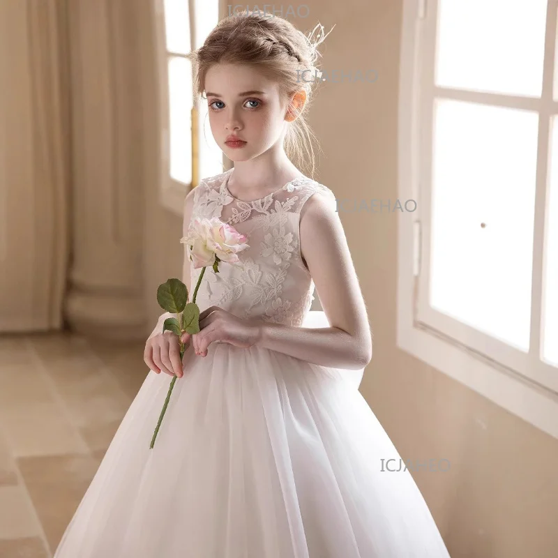 2026 Kids Formal Birthday White Sleeveless New Performance Evening Gown Wedding Flower Girl Children Host Runway Girls Piano