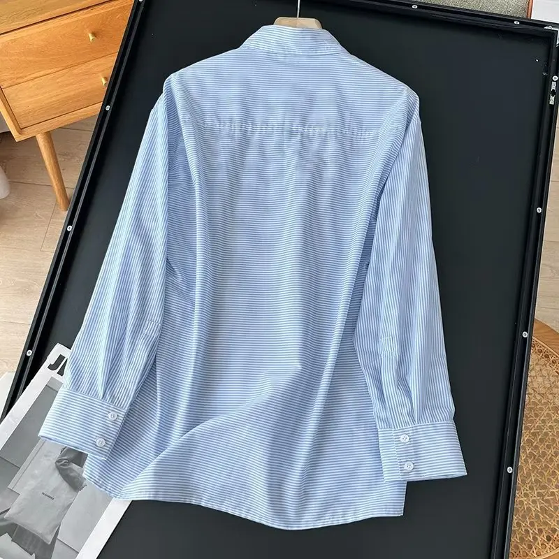 

Maxdutti French Stitching Retro Blue Striped Shirt 2023 Autumn Shirt Women's Boyfriend Style Long-Sleeved Fashion Loose Cotton