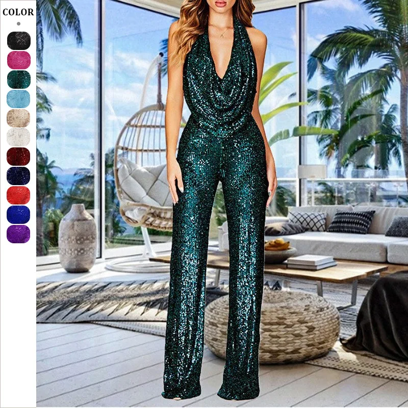 Sleeveless Neck Hanging Sequined Jumpsuit for Women Solid Color Glitter Lady Girl Female Skirt One Piece bodysuit Teddy onesie