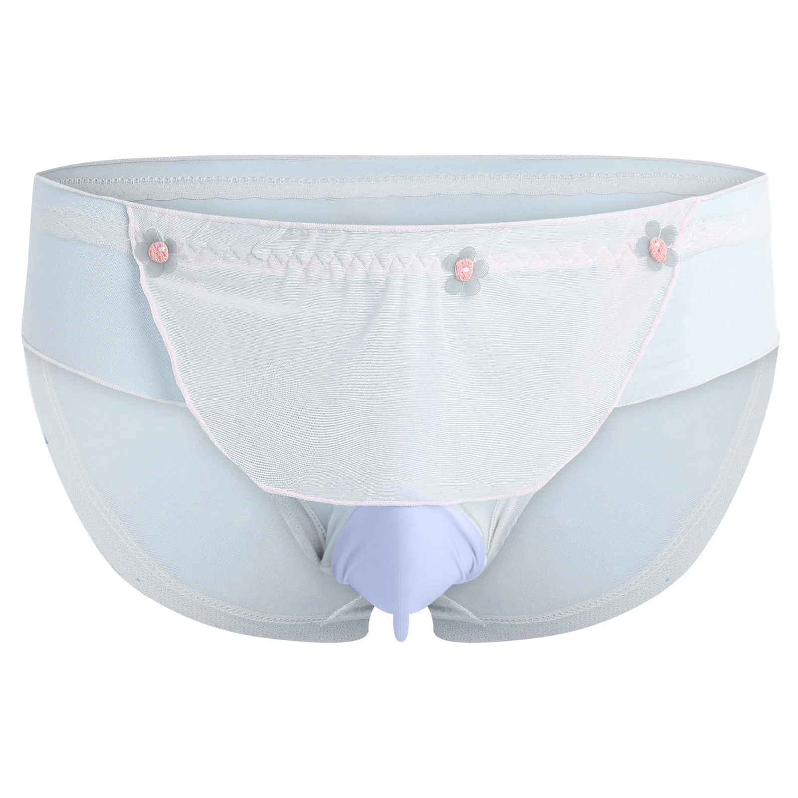 

Men Gays Sissy Mesh Panties Ruffled Trim Flower Applique Bulge Pouch Sheer Briefs Japanese Sweetheart Style Underwear Lingerie