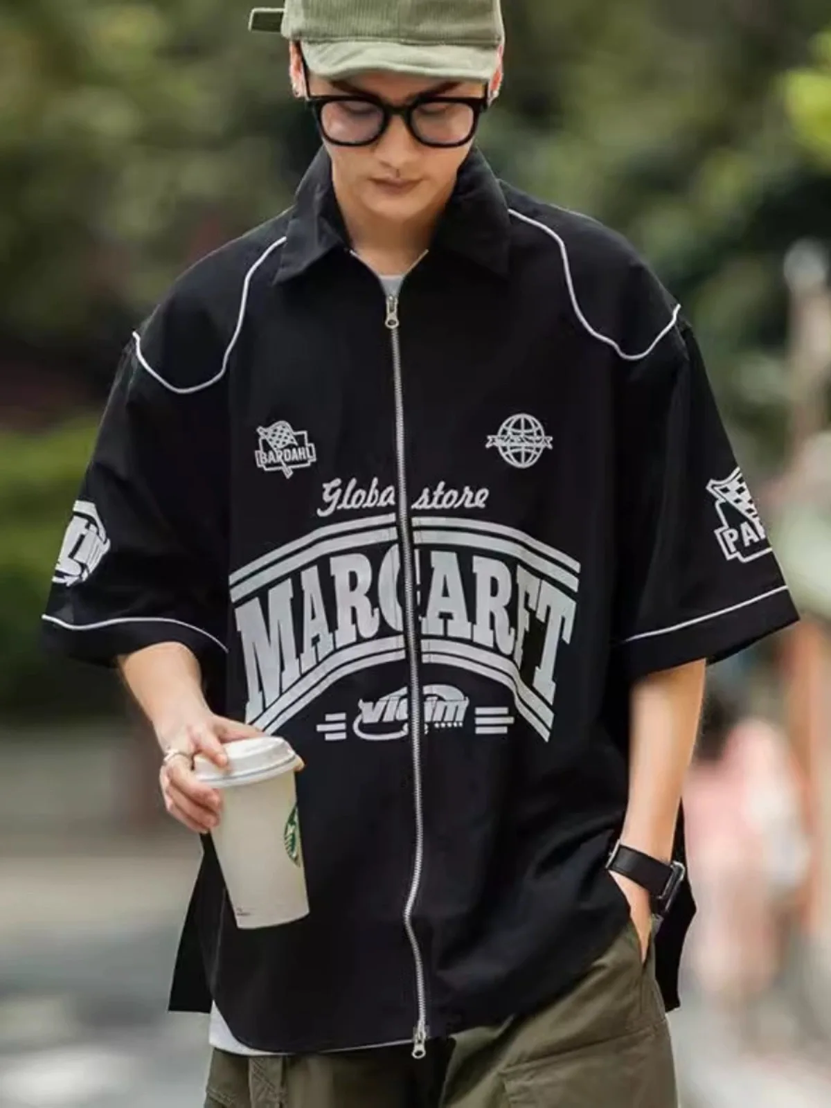 Chic American Vintage High Street Zipper Shirt Summer Men's Loose Casual Work Clothes Shirt Tops Handsome Letters Print Blouse