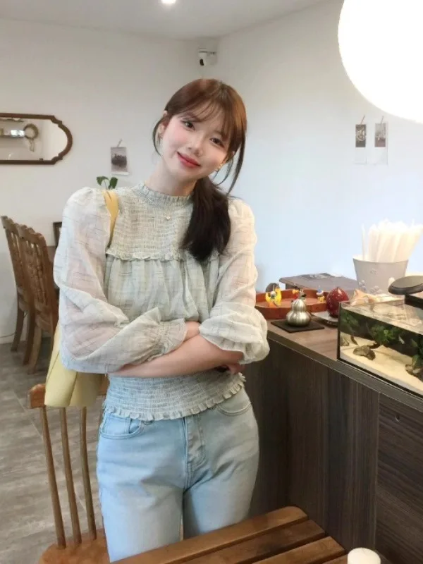 

Gentle Style round Neck Chiffon Top Waist Cinching Beautiful Unique Spring 2026 Korean Fashion Women's Long Sleeve Lace Shirt