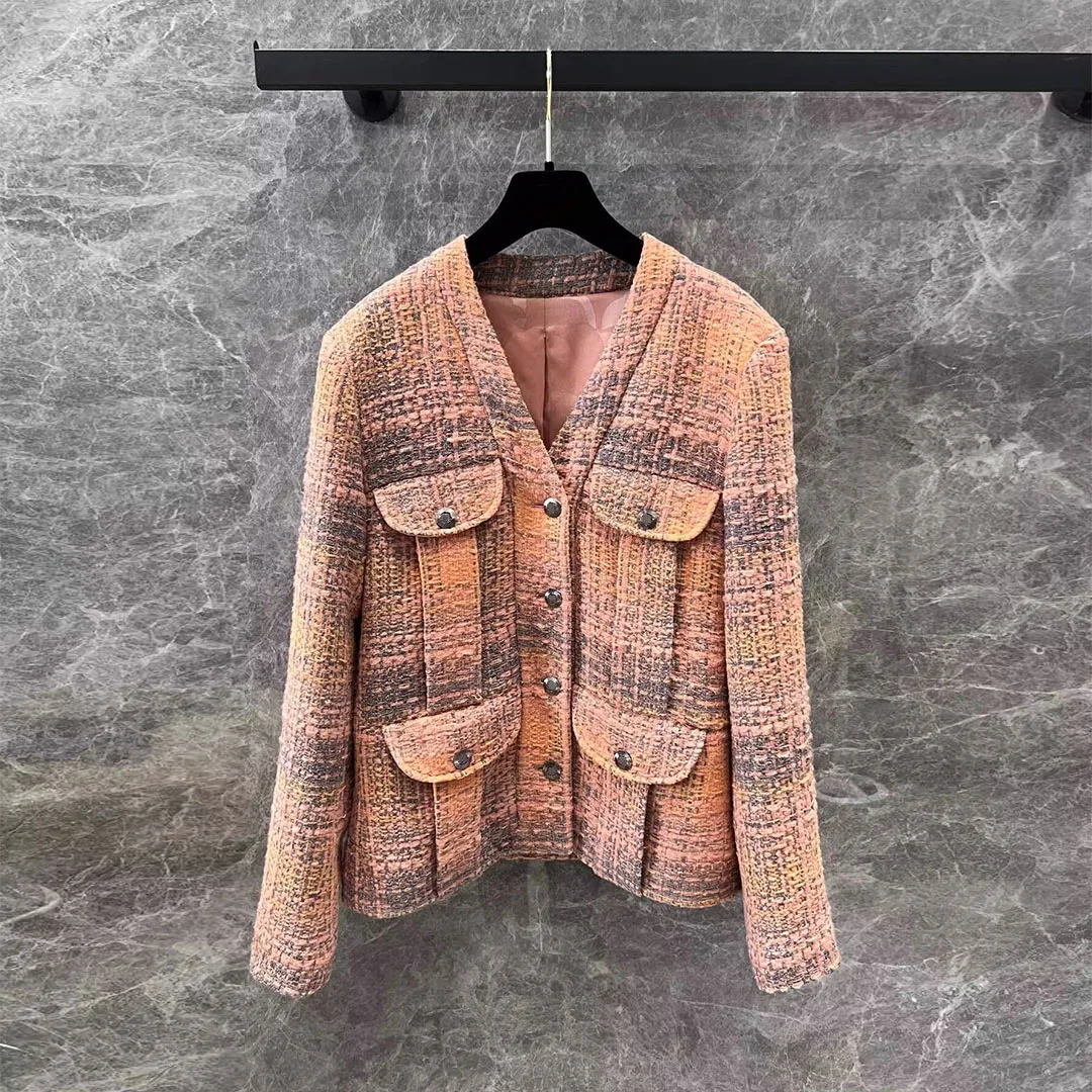 Best Quality Vintage Woven Tweed Jacket Women Contrast Plaid V-neck Single Breasted Pockets Sweet Coat