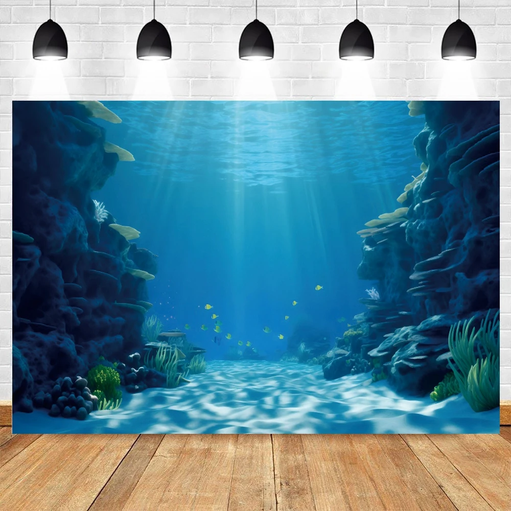 Underwater World Photo Background Undersea Sunlight Deep Blue Water Sun Ray Photography Backdrop for Children Birthday Party