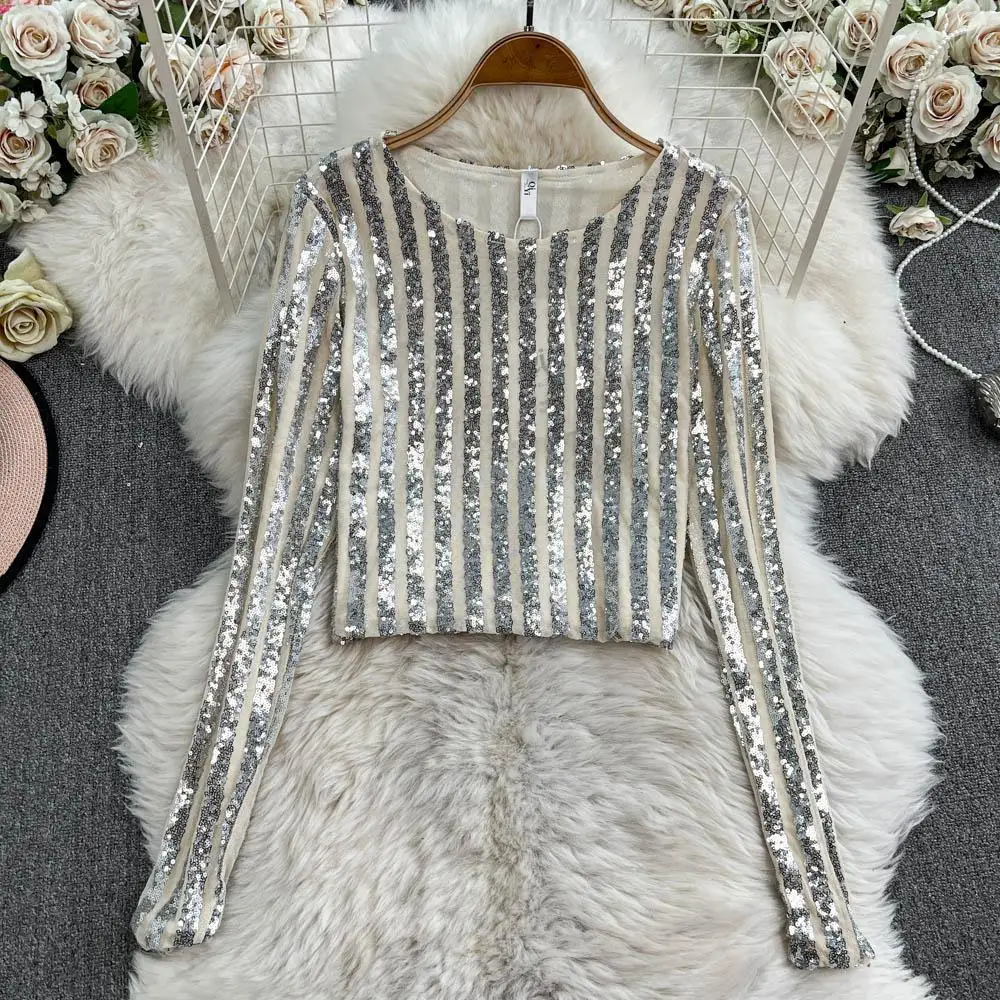 

Luxury High-end Sequin Spliced Mesh Long Sleeve O-Neck T-Shirt Women Party Dresses Slim Short Tops High Street Tees Harajuku New