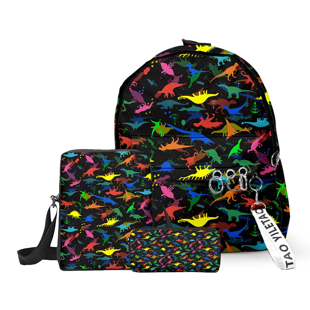 Lusso popolare divertente dinosauro stampa 3D 3 pezzi / set borse da scuola per alunni Oxford portachiavi zaino borsa a tracolla inclinata astuccio