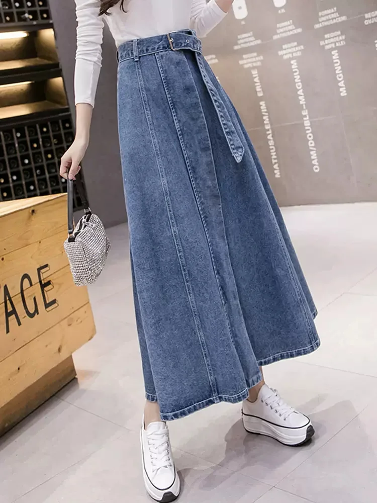 New Women Spring Summer Long Denim Skirt Fashion Patchwork Single Breasted High Waist Skirt Casual Loose Light Blue Jeans Skirt