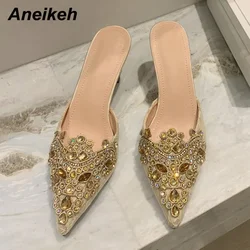 Aneikeh 2024 nuova primavera/autunno moda donna décolleté a punta PU tacchi sottili Appliques retrò muli Polka Dot Party Slip-On nero