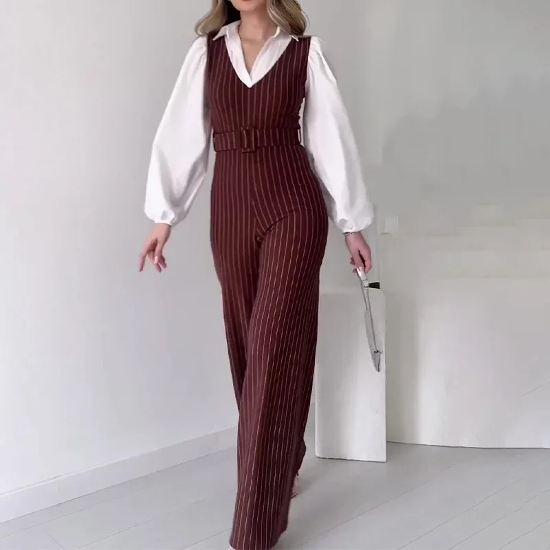 Vrouwen Jumpsuits Gestreepte Kraagvorm Hoge Taille Riem Rompertjes Elegante Eendelige Overalls Uitloper Rechte Speelpakjes