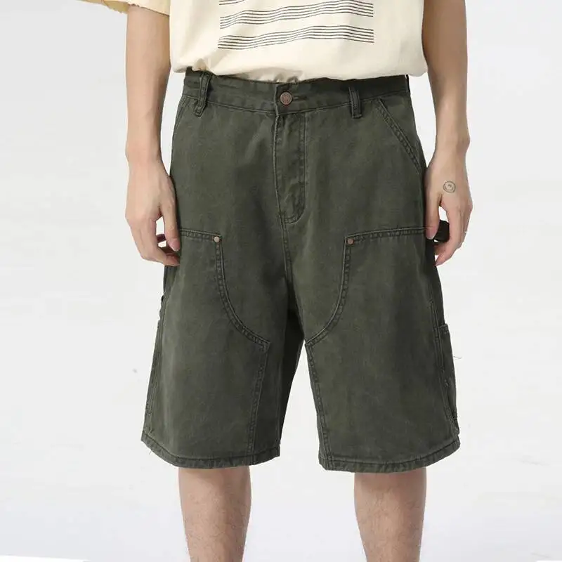 Men's Wear Knee Length Denim Shorts Summer New Multi Pocket Loose Jeans Solid Color Japanese Style Male Overalls