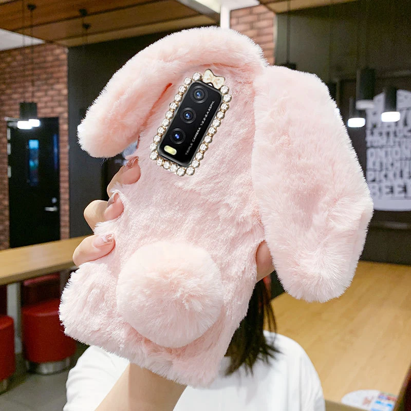 Cute Plush Rabbit Fluffy fur Case for Vivo Y20 Y20S Y12S Y11S Y16 Y11 Y12 Y15 Y17 Y19 Y1S Y31 V17 NEO V21E V20 SE Y55 5G Cover