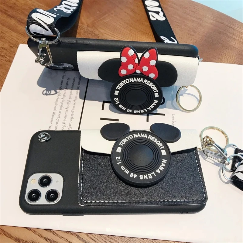 3D Minnie Mickey Cartoon Wallet Phone Case For Samsung Galaxy S24 Ultra S23 S22 S21 S20 FE S10 S9 S8 Plus With Lanyard Cover