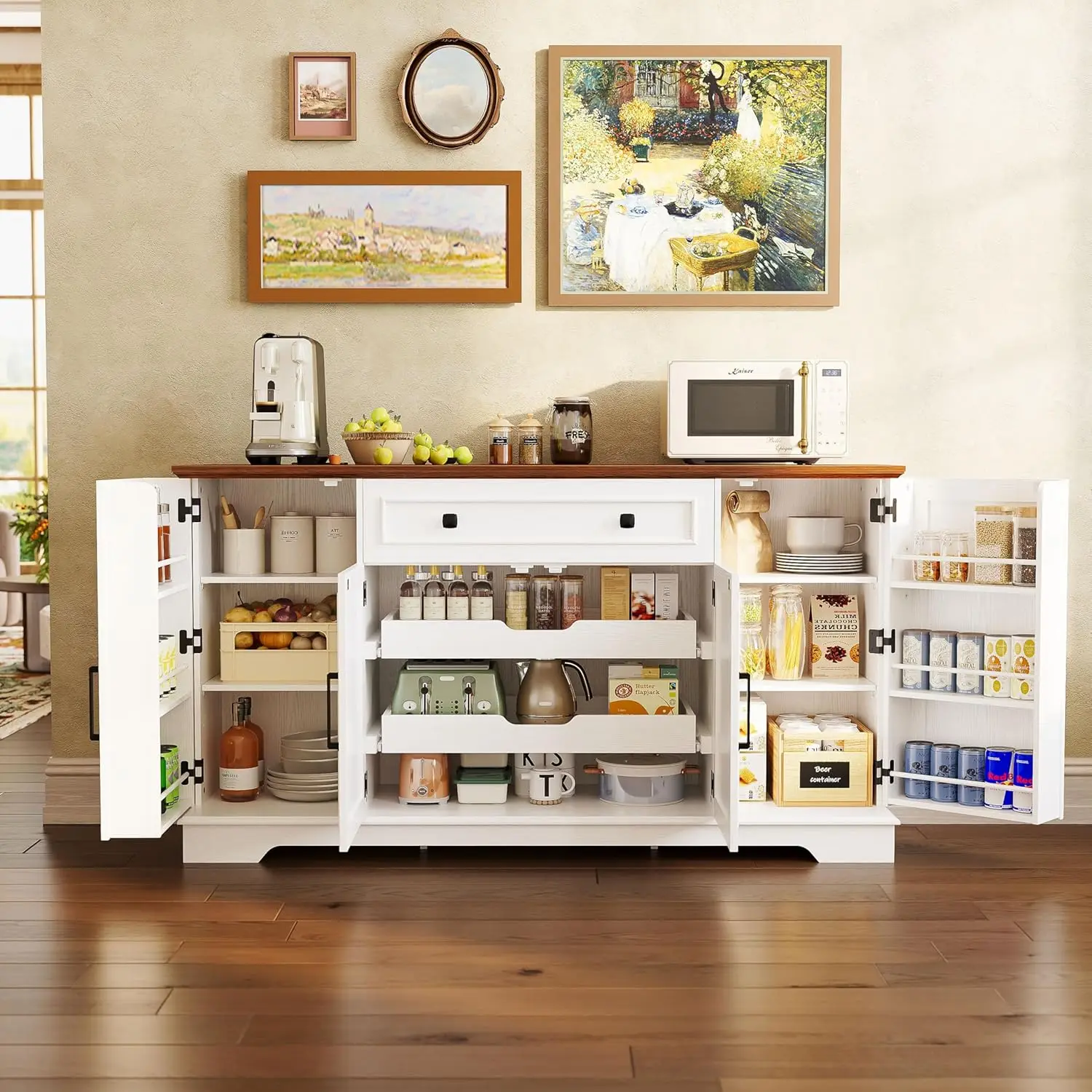 

56” Farmhouse Sideboard Buffet Cabinet with 4 Doors and 1 Drawer, Buffet Table with Hidden Removable Drawers, 4 Adjustable Shelv