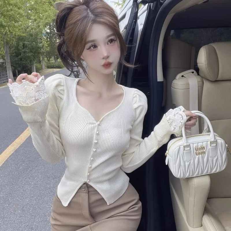 เสื้อสเวตเตอร์ถักลูกไม้ผู้หญิง ดีไซน์ฤดูใบไม้ผลิ-ฤดูใบไม้ร่วง ทรงบับเบิ้ล คอวี ติดกระดุม คาร์ดิแกนทรงเข้ารูป ใส่เป็นเสื้อตัวในได้