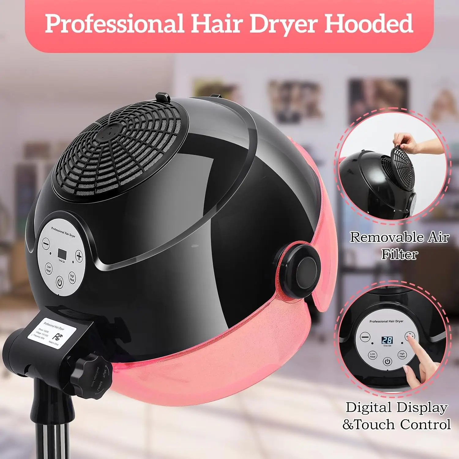 Professional Standing Ionic Hooded Hair Dryer Touch Control Time 3 Temperature Settings Height Adjustable Sit Under Bonnet Pink