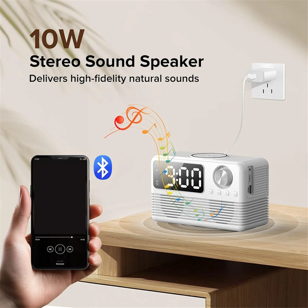 Беспроводной Bluetooth-динамик мощностью 15 Вт с зарядным устройством и радио-часовым радио, беспроводная зарядная станция 4 в 1 с FM-радио для дома, белый цвет