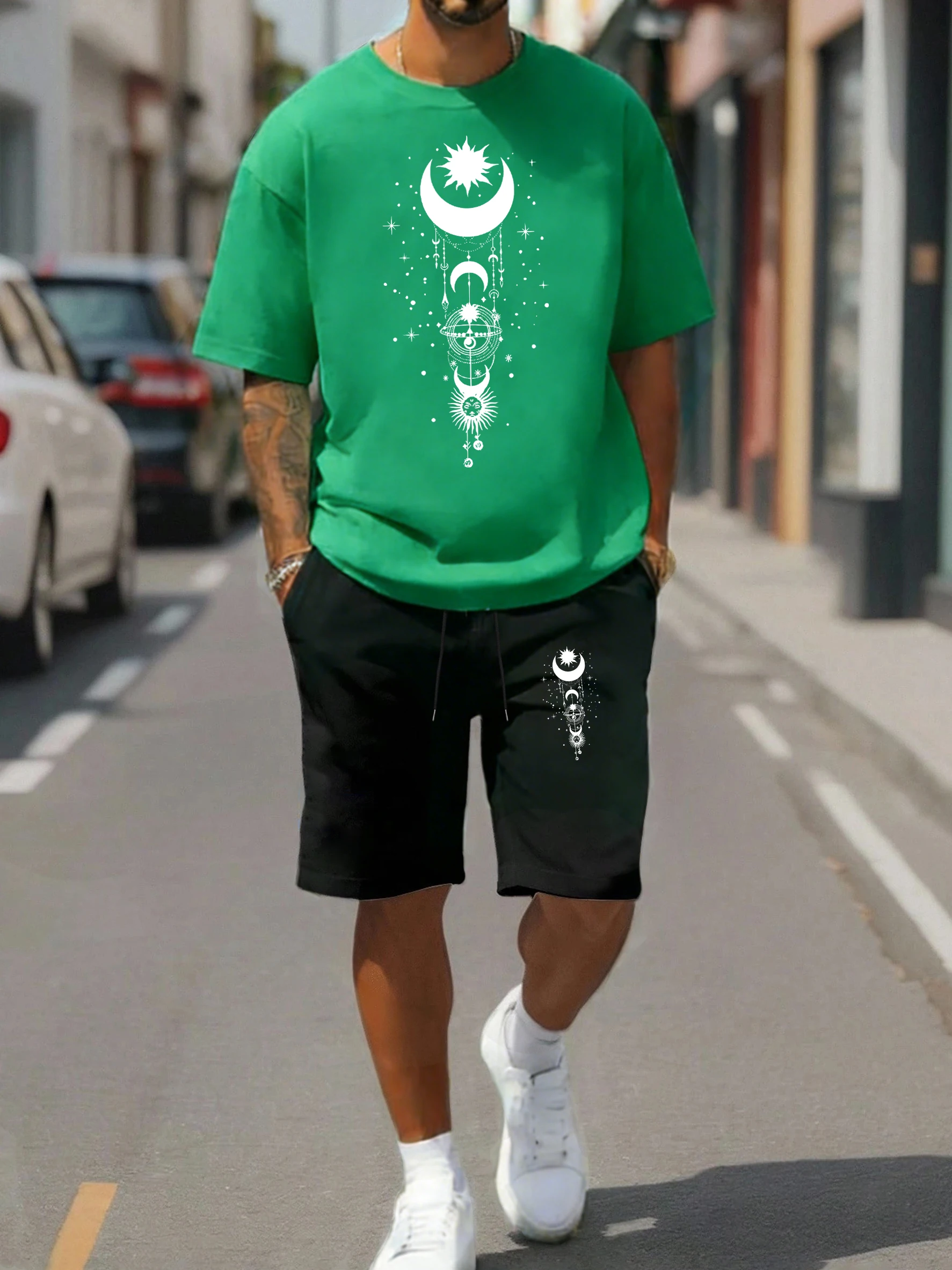 

Art Universe Stars Sun Moon Printing Men T-Shirt Suit All-Match Cotton Tee Summer Drawstring Shorts Unisex Fashion Streetwear