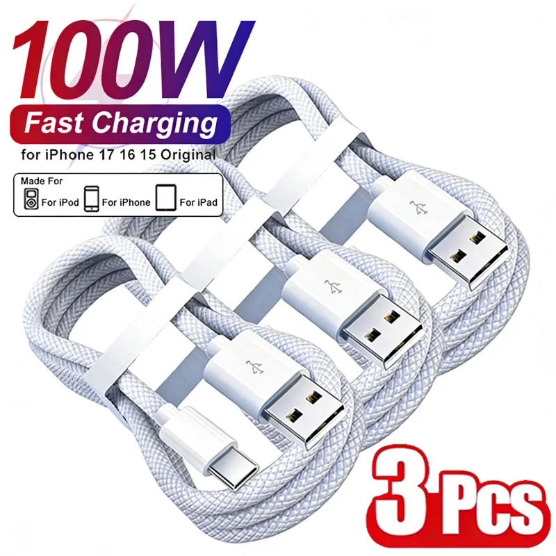 Cabo USB-C de 100W para iPhone 16 15 17 Pro Max 17 Air, Carregamento Rápido, Cabo Trançado Tipo-C, Linha de Dados USB para Tipo-C