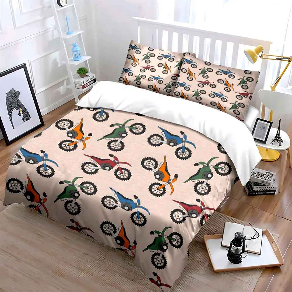 Colorful Dirt Bike Pattern Bedding Set for Kids Luxury Gift 3pcs Digital Print Comforter Set Soft Comfortable Breathable