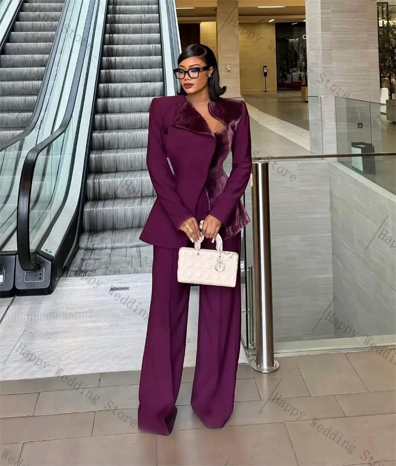 Purple Women Suit Set 2 Piece Blazer+Pants Trousers Cotton Velvet Fashion Autumn Formal Office Lady Customized Wedding Tuxedos