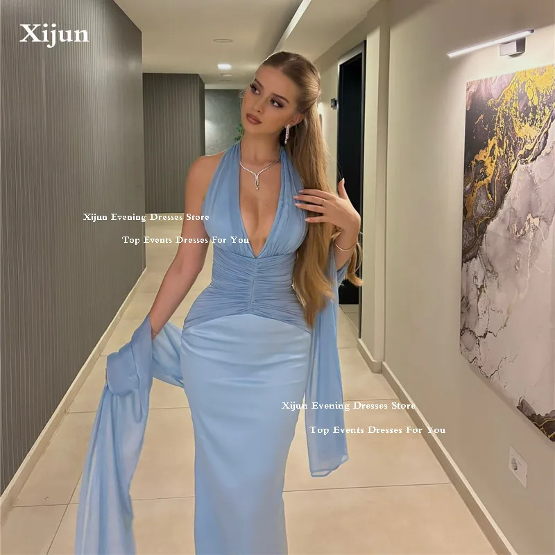 

Xijun Blue Maxi Evening Dresses Chiffon Sexy V Neck Mermaid Prom Dresses Saudi Arabic Pleat Formal Prom Gowns Customized