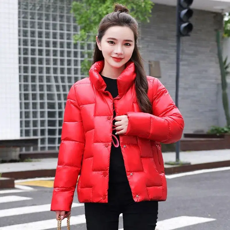 Fashion solid women's winter down jacket stand collar short single-breasted coat preppy style parka ladies chic outwear female