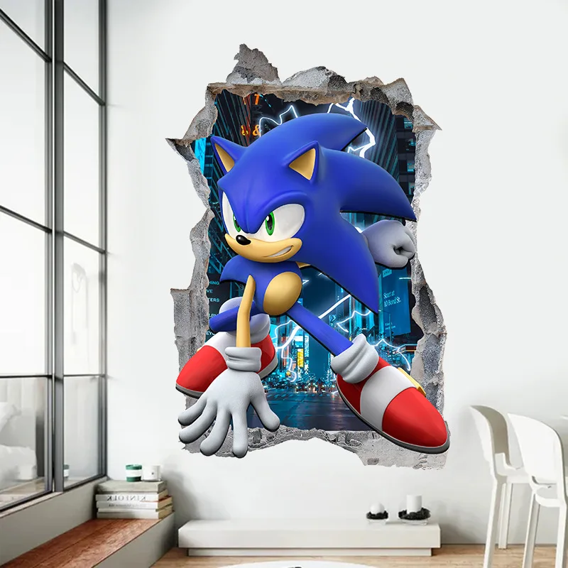 Sonic Wallpaper Cute Cartoon 3D Broken Wall Steedy Wallpapers New Children Room Art Poster Decoration Door Sticker Birthday Gift