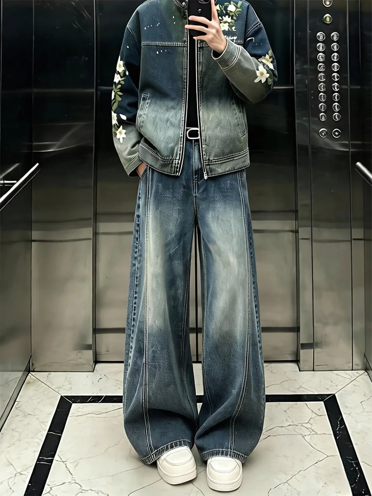 

Светло-голубые джинсы с вырезами, мужские, зимние, американского кроя, свободные, прямые, с низкой посадкой, винтажные, из денима