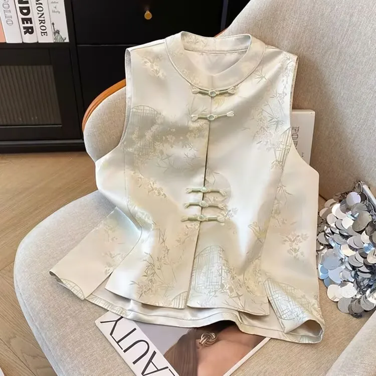 Summer Chinese Style Silk Vest Buckle Button Vintage Jacquard Loose Cardigan Sleeveless Waistcoat Women TanK Tops All Match 3541