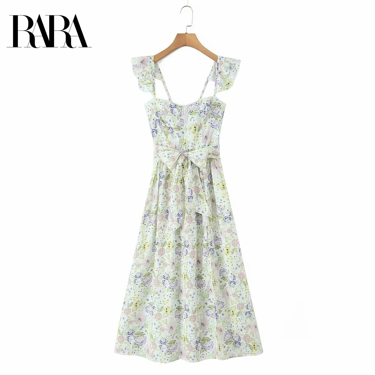 

RARA2025 autumn new women's French style fresh floral sweet bow decoration waist slit beautiful atmosphere dress
