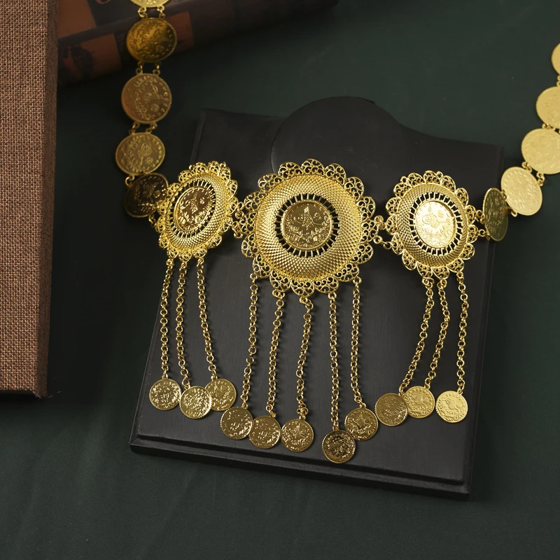 Nieuwe Midden-oosten Stijl Riem Metalen Ketting Coin Kwasten Tailleband Lange Verstelbare Lengte Bruiloft Caftan Jurk Riem In Goud