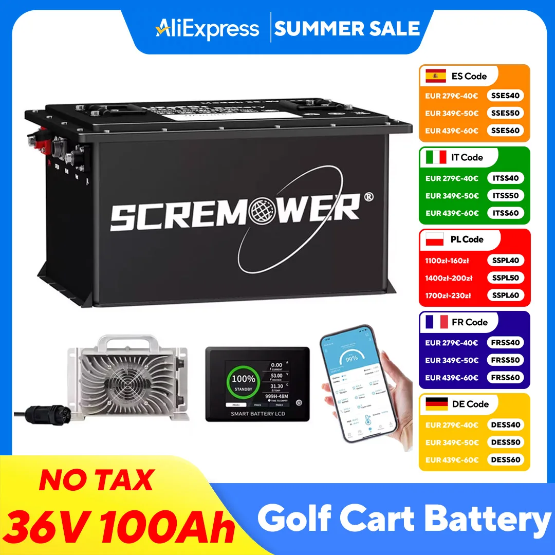 

36V 105Ah LiFePO4 Golf Cart Battery Smart 200A BMS with Touch Monitor & Mobile APP and Charger Rechargeable Lithium Battery