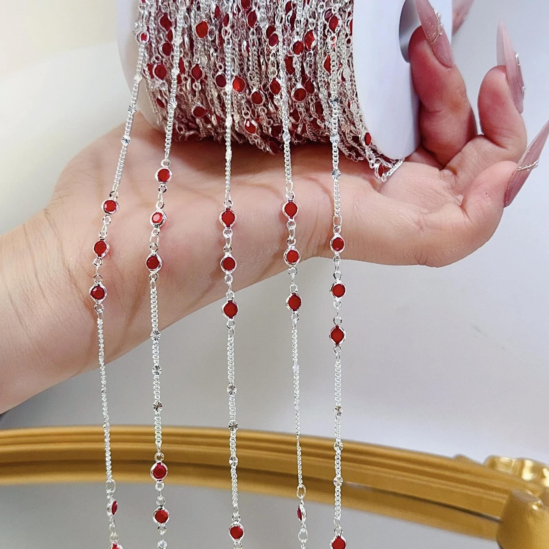 0.5/1Meter Red Crystal Beaded Chain Sequins Tassel Chain DIY Jewelry Making Necklace Pendant Clothing Bag Decoration Accessories