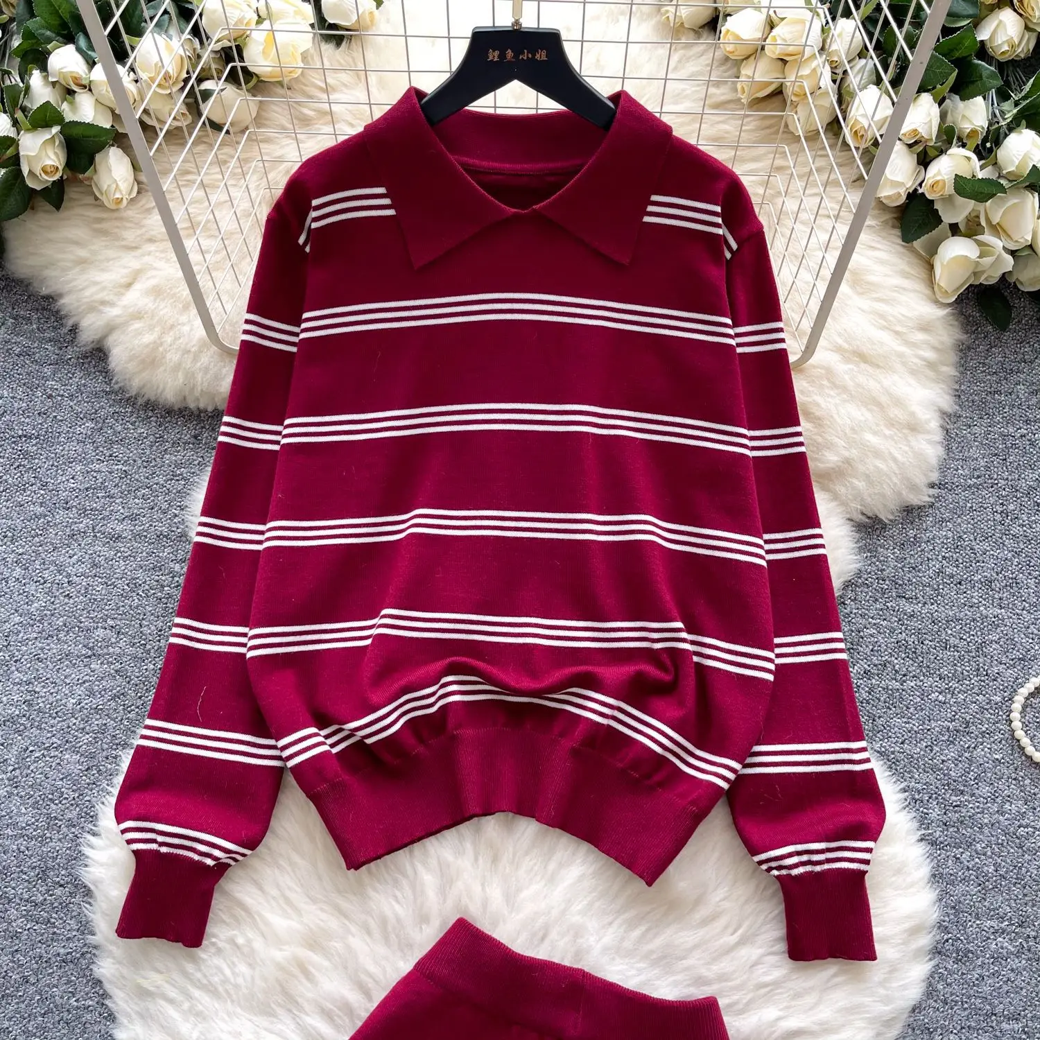 Women Pant Set Two Piece Sets Turn Down Collar Full Sleeve Striped Knitted Tops Wide Leg Long Pants Elastic Waist Y2k Streetwear