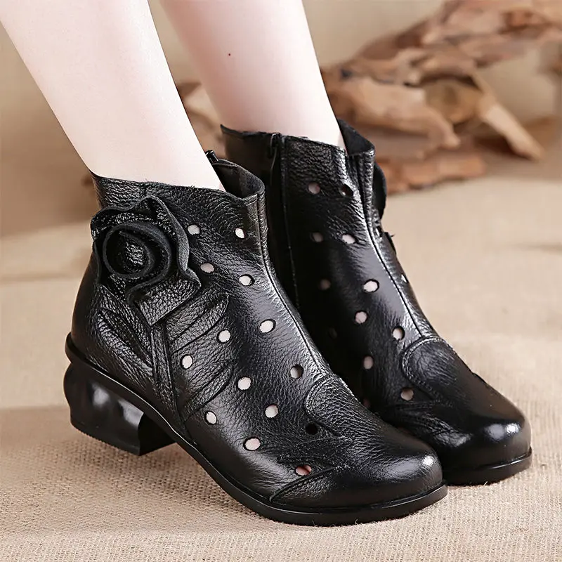 Feerldi Original Handmade Boots Women Genuine Leather Vintage Shoes Black Red Flower Rose Sneakers Ladies Mom Vintage Boots