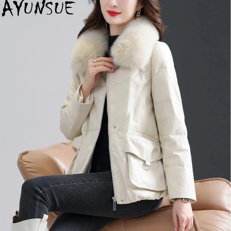 Veste en cuir véritable pour femme, manteau en canard blanc, col en fourrure de renard, vestes en peau de mouton véritable, haute qualité, AYUNSUE, hiver