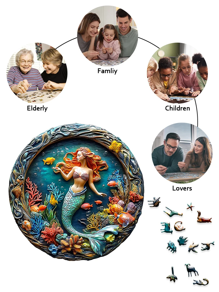 「人魚の木製パズル」 |   エレガントなギフトボックスに入ったユニークな芸術的なデザイン • ファミリーゲームと装飾アート • 完璧なホリデーとクリスマス