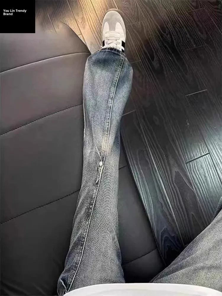 

Retro Blue Knife Rivet Jeans Men's American High Street Vibe CleanFit Rise Micro Flare Pants Straight Leg Fit Jeans