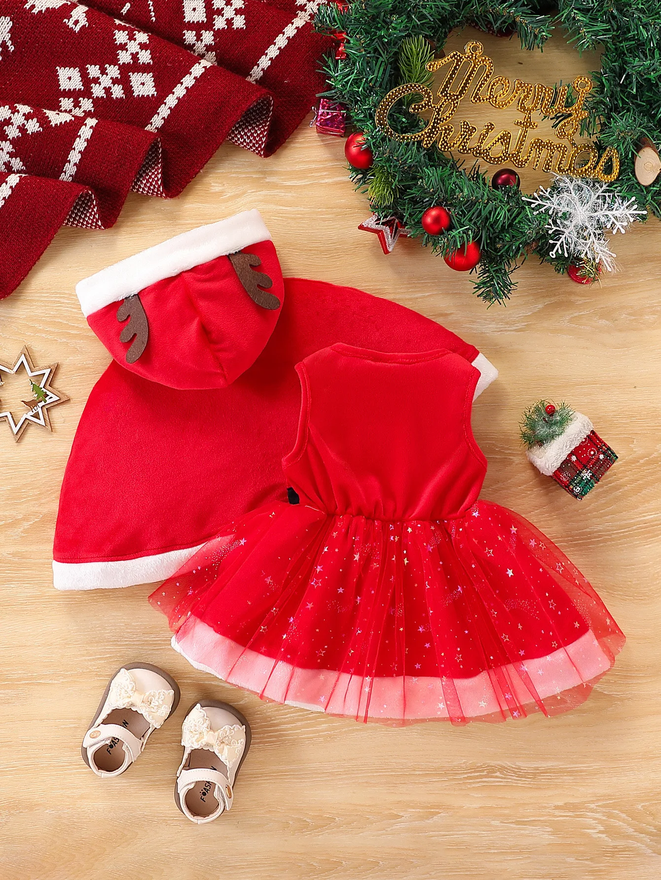 Baby Girl Christmas Silver Fox Fur Antler Hooded Cape + Santa Claus Mesh Dress Two-Piece Set Warm Holiday Party Outfit