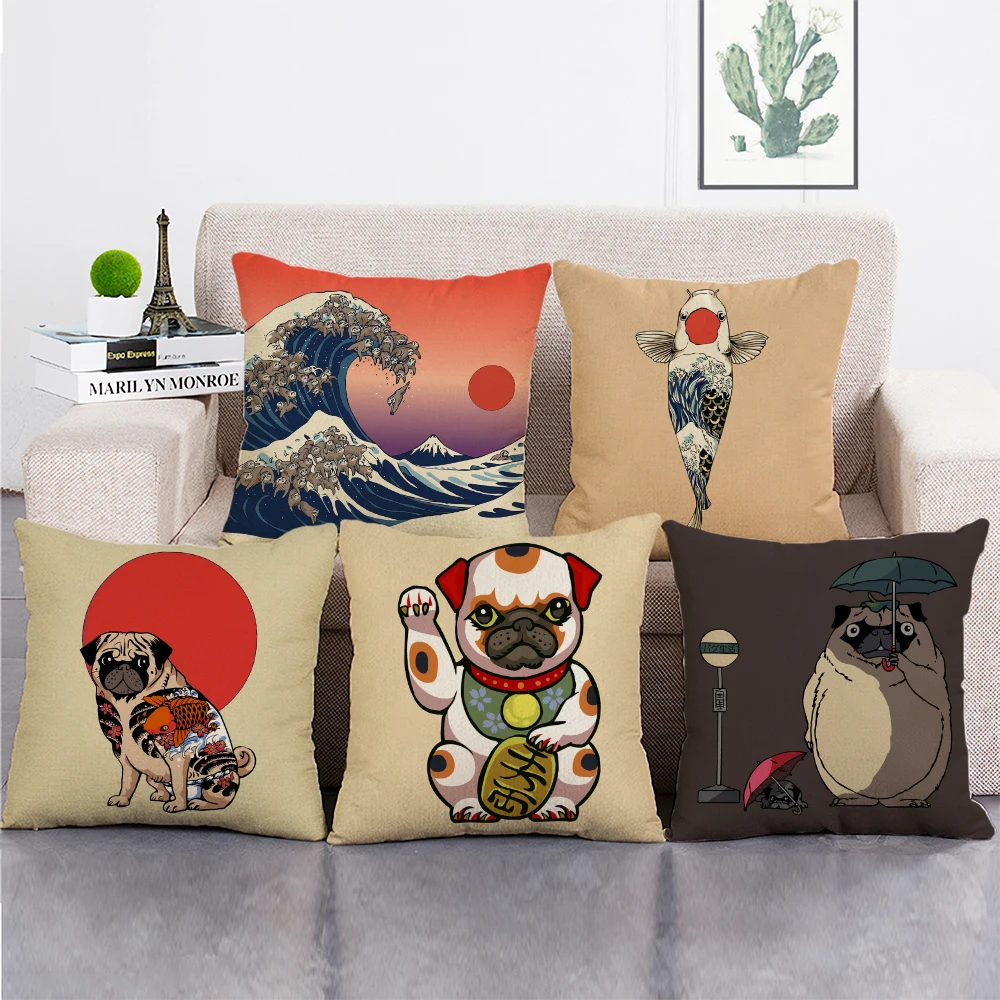 

Чехол для подушки с изображением мопса, в этническом стиле, японская подушка